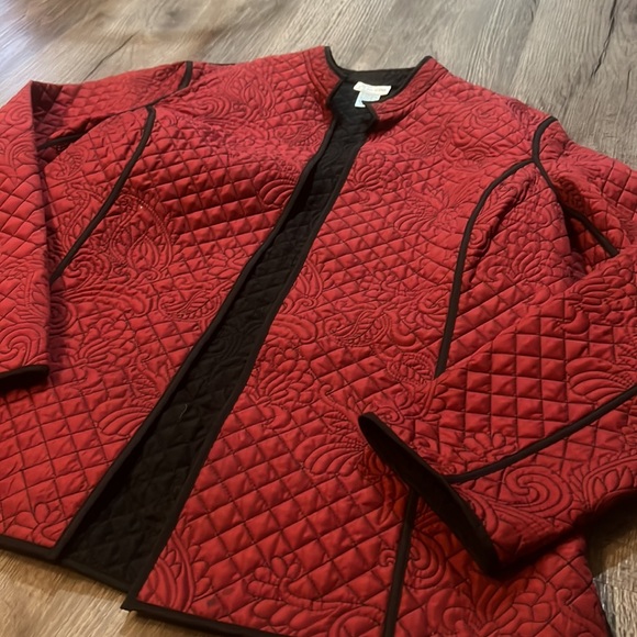 Chico's size 1 Quilted Jacket coat Red with Black Piping open face elegant - Picture 2 of 7